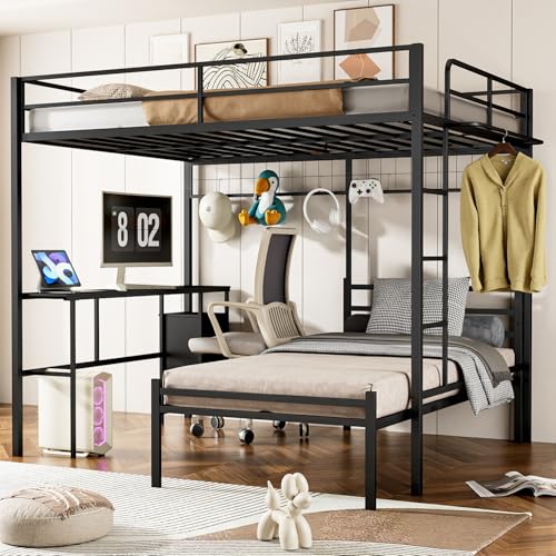 Queen Over Twin Bunk Bed with Desk - Detachable Queen Loft Bed with Drawers & Shelves