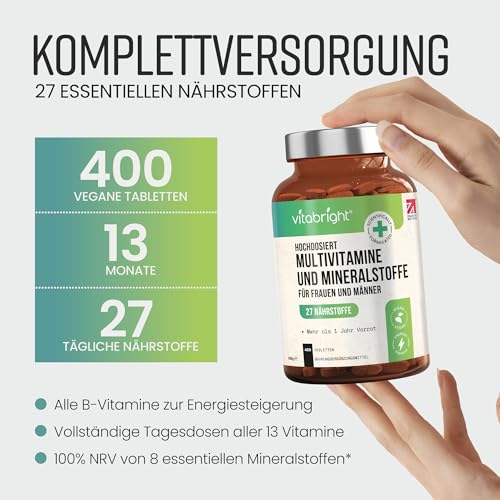 Multivitamin Tabletten Hochdosiert - 400 Tagedosis Vitamine, Mineralien & Ergänzungsmittel A-Z Vitamine + Mineralstoffe | Nahrungsergänzungsmittel Frauen/Männer Vegan Multivitamin Komplex, VitaBright