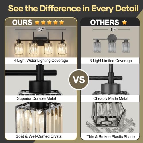 Image of Torondo Modern Crystal Bathroom Vanity Light 4-Lights Matte Black Bathroom Light Fixtures Over Mirror Matte Black Vanity Lighting Fixtures Square Shade Brass Wall Sconce (Bulbs Not Include)