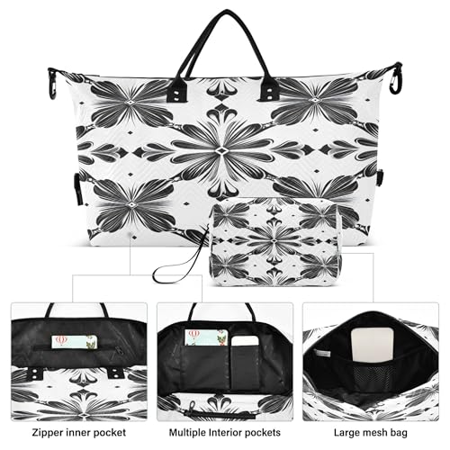 Black and White Symmetrical Floral Travel Duffel Bag for Women Weekend Overnight Dag with Toiletry Bag, Luggage Bag for Travel, Sport, Gym2