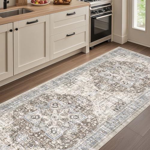 Tortania Area Rug 3x18 Runner Rugs - Washable Vintage Oriental Farmhouse Thin Indoor Carpet for Living Room Bedroom Hallway Entryway Kitchen Under Dining Table Home Office - Brown Blue