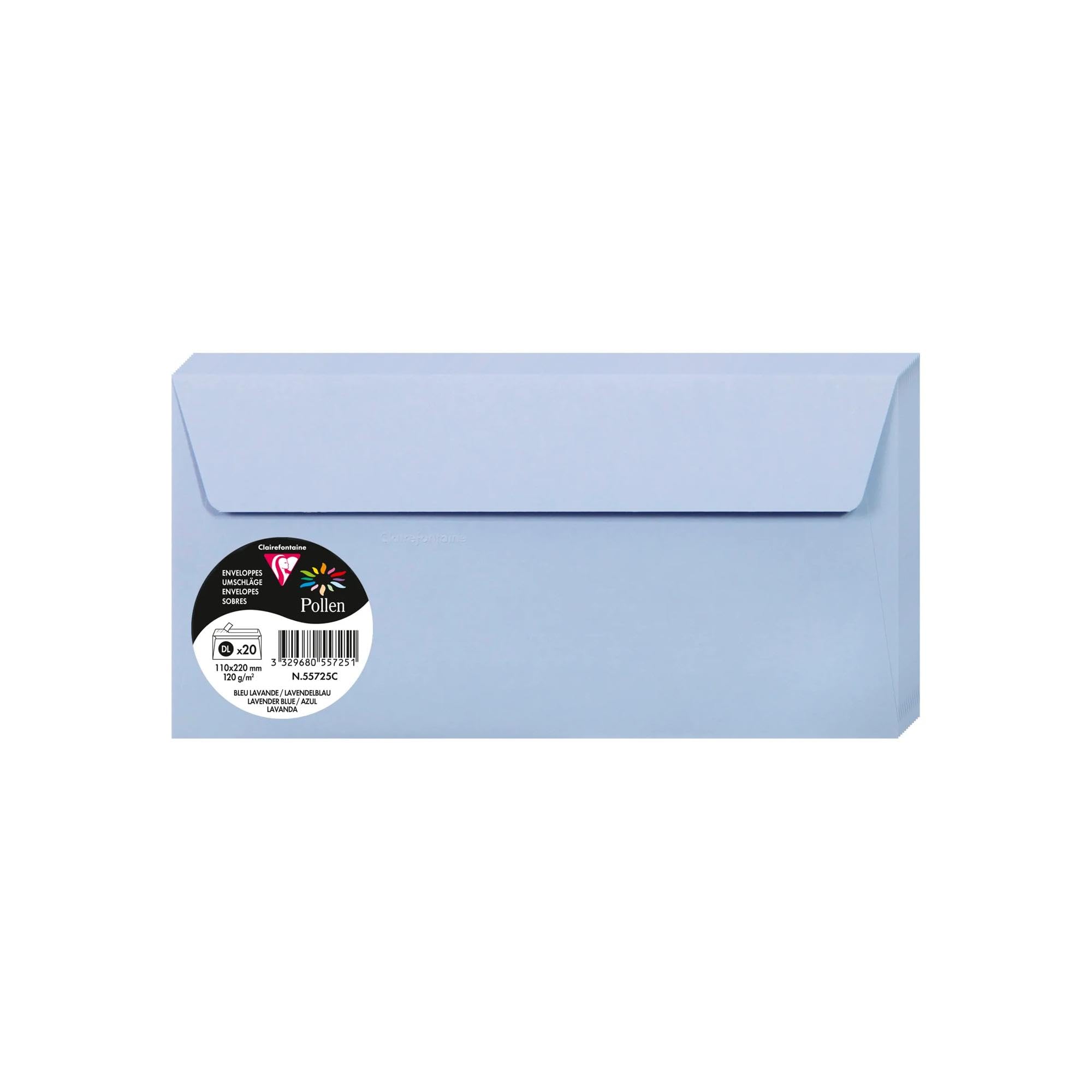 Clairefontaine 55725C Pack of 20 Self-Adhesive Envelopes DL (11x22cm) 120gsm Lavander Blue Invitation Events Correspondence Pollen Range Premium Smooth Paper