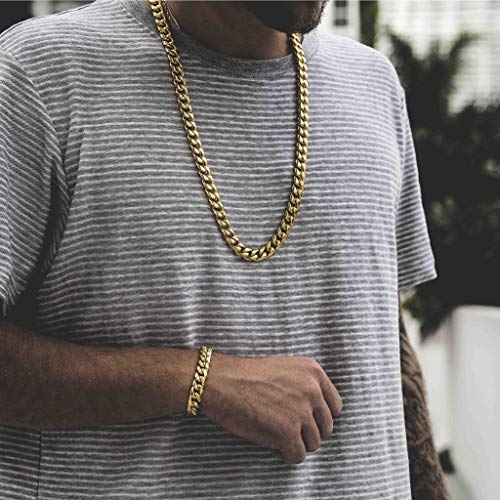 Men's Hip Hop Miami Cuban Link Chain or Bracelet - 14K or White Gold Plated Stainless Steel Cuban Link Choker Gold Chains Necklace 8mm,10mm,12mm,14mm,16mm (14K Gold - 10mm, 26.00)3