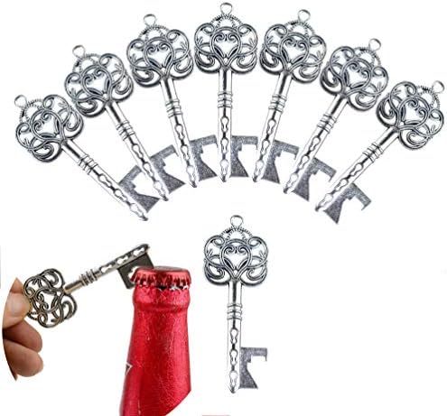 Aokbean 50pcs Antique Vintage Skeleton Key Bottle Openers Wedding Favor Guest Souvenir Gift Set Pillow Box Escort Thank You Tag French Ribbon(Antique Silver)