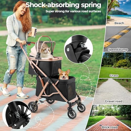 MAMIZO Doppelter Hundebuggy, Haustiere Buggy bis 15 kg, Faltbar 2 Etagen Hundewagen, Katzenbuggy für 2 Etagen mit 4 PCS verschleißfeste PU-Räderr, Hundebox Transporttasche, Schwarz