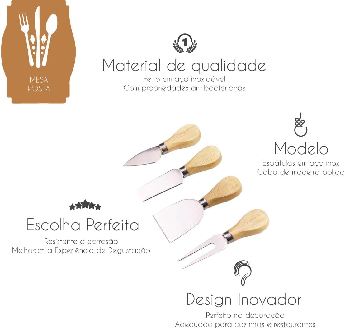 Kit Petisqueira Redonda Madeira + 4 Facas Queijo + 4 Peças Vinho Com Molheira Ramekin e Garfinhos p/Petisco Kit Petisqueira Redonda Madeira + 4 Facas Queijo + 4 Peças Vinho Com Molheira Ramekin e Garfinhos p/Petisco