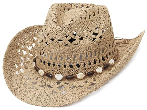 EOZY Western Straw Cowboy Hat for Women Men Woven Hollow Out Wide Brim Summer Cowgirl Beach Sun...