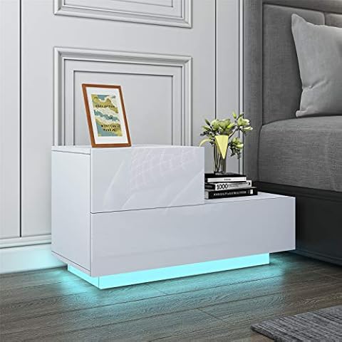 LED Bedside Table High Gloss Front Chest of 2 Drawers Push-to-Open Wooden Nightstand Unit with RGB LED Light for Bedroom Living Room Furniture 70x35x38cm Cover
