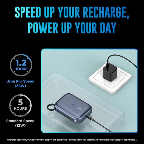 Image of URBN 10000 mAh 35W Super Fast Charging Power Bank with Built-in USB-C Cable| Triple Output | Two Way Fast Charge | Made in India | for MacBook Air, iPhone, Android & More (Blue)