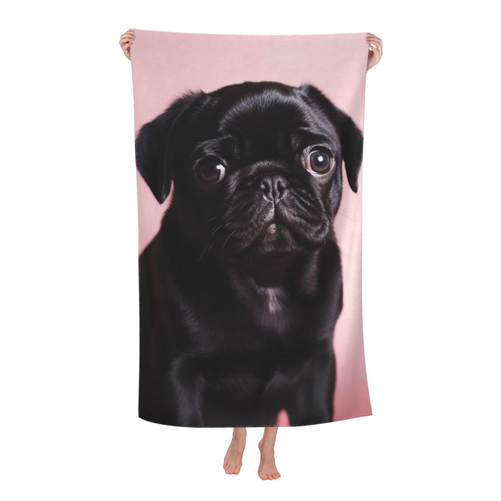 FodPand Cute Black Pug Beach Towel Oversized 52 x 32 in Sand Free Pool Swim Towels for Adult Travel Blanket Lightweight Quick Dry Absorbent Bath Towels Cruise Vacation Accessories