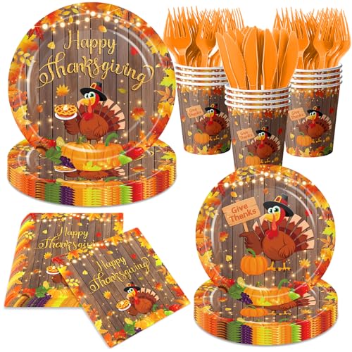 Thanksgiving Paper Plates and Napkins Sets, Thanksgiving Dinnerware Sets with Plates Napkins Cups Forks and Knives Fall Tableware with Turkey Pumpkins Give Thanks Decor for Autumn Harvest, Serve 24