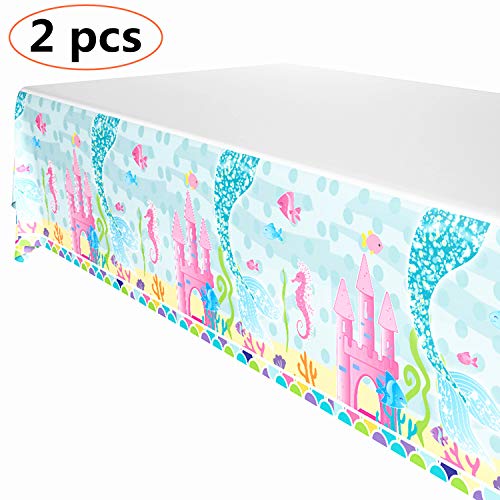 Mermaid Table Cover - 2 PCS 86.6 inch×51.9 inch Disposable Printed Plastic Tablecloth