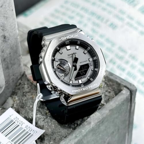 Image of Shock Protection Analog-Digital Watch, Silver Metal Case with Black Resin Strap, Water Resistant 20 Bar, Solar Powered with Bluetooth