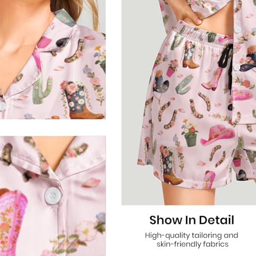 Image of Funny Pajamas for Women Set Print Satin Loungewear Pjs Short Sleeve Button Down Top and Shorts Sets Sleepwear XS-3XL