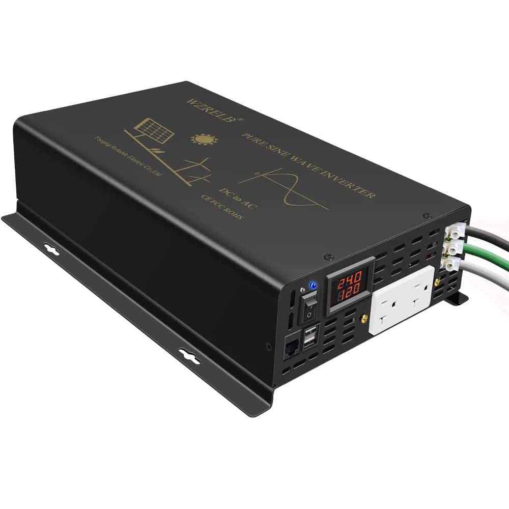 WZRELB Falownik mocy czystej fali sinusoidalnej 3000 W 24 V DC do 120 V AC 6000 W szczytowe podwójne gniazda AC 2 x port USB 2,4 A i zacisk z twardym przewodem z pilotem zdalnego konwertera solarnego