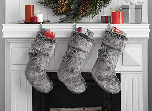 New Traditions Simplify Your Holiday 3-Pack 20 inch Faux Fur Stocking with Folded Cuff & Pom-Poms (Gray/Black)