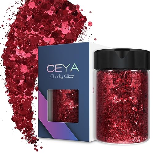 Ceya Chunky Glitter, 4.9oz/ 140g Valient Red Craft Glitter Powder Mixed Fine Flakes Iridescent Nail Sequins for Nail Art, Hair, Epoxy Resin, Tumblers, Slime, Painting, Festival Decor
