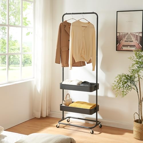 [en.casa] Portant à Vêtements avec 2 Paniers Grillagés Réglables en Hauteur Portemanteau avec Barre de Penderie et 4 Roulettes Métal 175 x 58 x 36 cm Noir