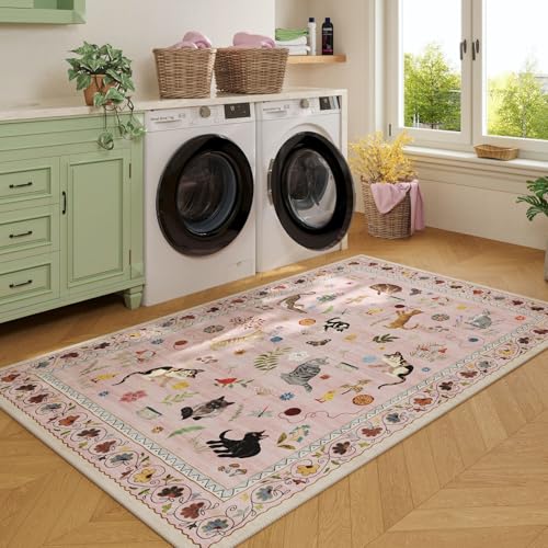 Bedroom Rug 3x5 Rug Washable Area Rug Non Slip Low Pile Boho Floral Animal Cat Small Carpet for Bedroom Bedside Kitchen Entryway Kids Room Office College Dorm Essentials for Girls, Pink