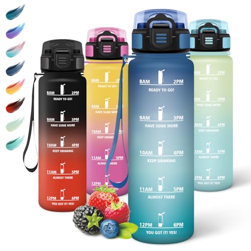Motswedi Botella Agua Gimnasio, 1000ml sin BPA, Botella Agua, Reutilizable, con Marcador de Tiempo, Cantimplora para Oficina, Escuela, Yoga, Azul Verdoso