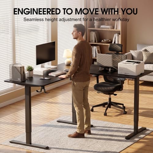 Image of Furmax 63 x 55 Inch L Shaped Standing Desk with 2 Preset Heights, Electric Height Adjustable Computer Table, 2 Hooks & Feet Balance, Corner Sit Stand Desk for Home Office (Black, 63 x 55 Inch)