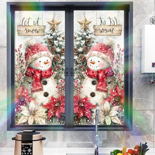 Image of Farmhouse Snowman Poinsettia Window Film 17.32x39.37in Cling