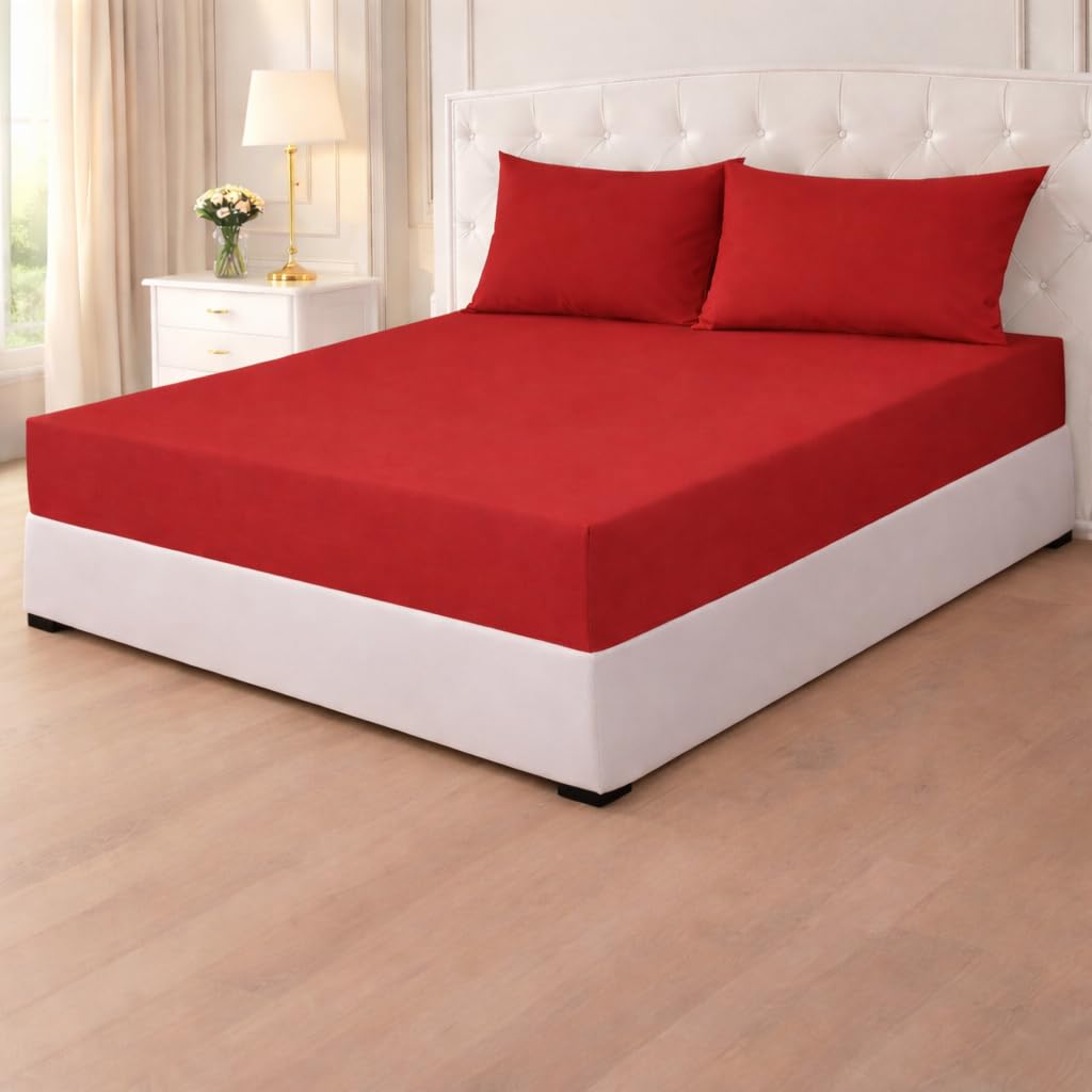 Poly Cotton Fitted Sheets 25cm,Plain PolyCotton Fitted Bed Sheets,Shrinkage & Fade Resistant Percale Quality Fitted Sheets,Non Iron Easy Care (Red, Double) โ image 1