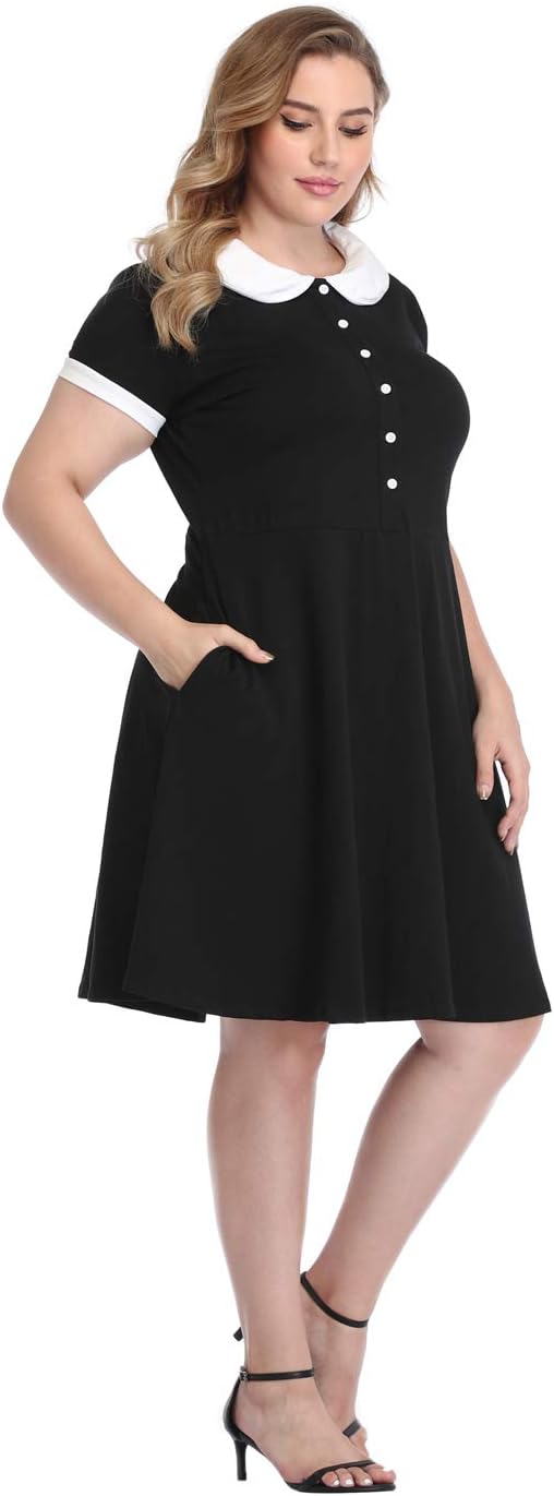 HDE Womens Plus Size Peter Pan Collar Dress Short Sleeve Fit and Flare A Line Collared Casual Skater Dress Knee Length - Image 4