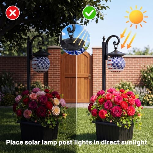 Solar Lamp Post Light with Planter, Patriotic Mosaic Outdoor Lantern Decor - 4