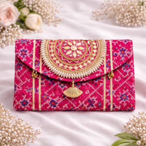 Image of JAIPUR ACE Women Ethnic Embroidered Clutch Bag with Golden Handwork & Tassel | Traditional Wedding, Party & Festive Shagun Purse| Return Gift Clutches (Pack of 3)