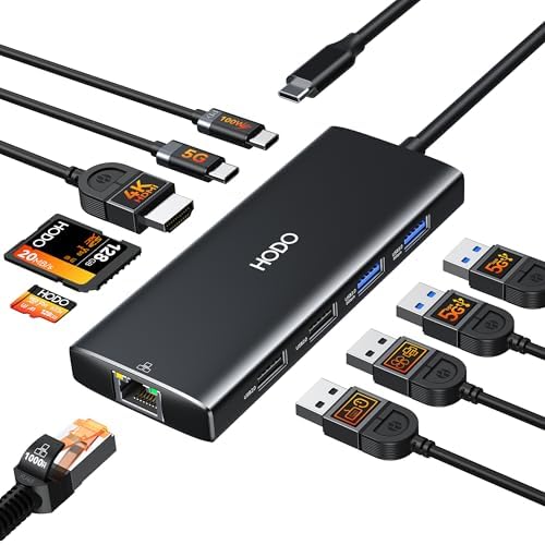 HODO USB C Hub Ethernet für MacBook Air/Pro, Adapter Mac Zubehör 10 in 1 | 4K 60Hz HDMI, Ethernet, 100W PD, SD TF Kartensteckplatz, 4USB und USB-C Datenport, Dongle für iPad, Surfa
