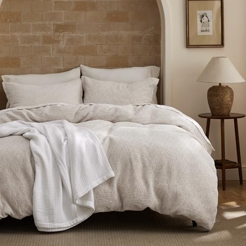 Image of Bedsure Waffle Duvet Cover King - 100% Cotton Duvet Cover Linen Color, Space-Dyed for Enhanced Bedroom Aesthetics, PureWoven and Stylish All-Season, 3-Piece Bedding Set with Button Closure, 104 inchx90 inch