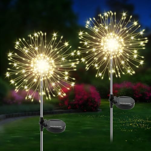 Soomit Solar Garden Lights Outdoor 2 Pack 120 LED Twinkling Firework Lights Decorative with 2 Modes Outdoor Waterproof Solar Starburst Light for Yard Pathway Planter Patio Decor Warm White