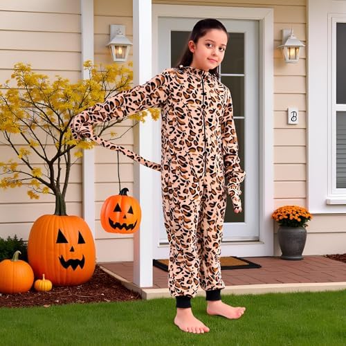 Wizland Fleece Leopard Costume for Kids One Piece Cheetah Costume Cat Onesie Cheetah Onesie Kids 6-8 - 1