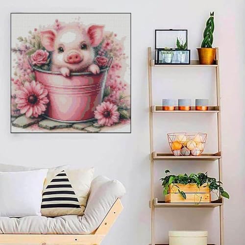 Image of Cute Pig Stamped Cross Stitch Kits for Adults Beginner, Flowers Dimensions Needlepoint Art Crafts Embroidery Kits for Adults Beginners 13.7x13.7 inches