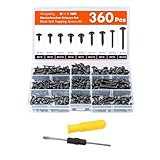 360 PCS Self Tapping Metal Screws, Cross Head Black Screws Assortment, Carbon Steel Pan Head Screw, Anti-Rust Self Tapping Screw for Repairing with Storage Box