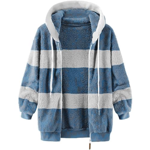 Fuzzy Fleece Jackets for Women Plus Size Hoodies Fall Winter Coats Color Block Patchwork Cardigan Coat with Pockets