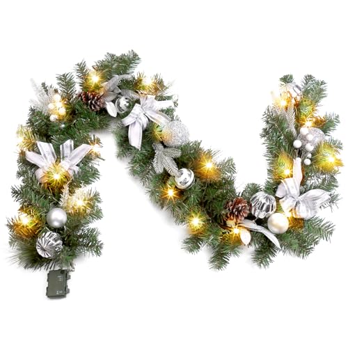 Silver 6 Ft Prelit Christmas Garland with Battery Operated Lights, Waterproof, Suitable for Mantle, Door, Stairs Railing & Table