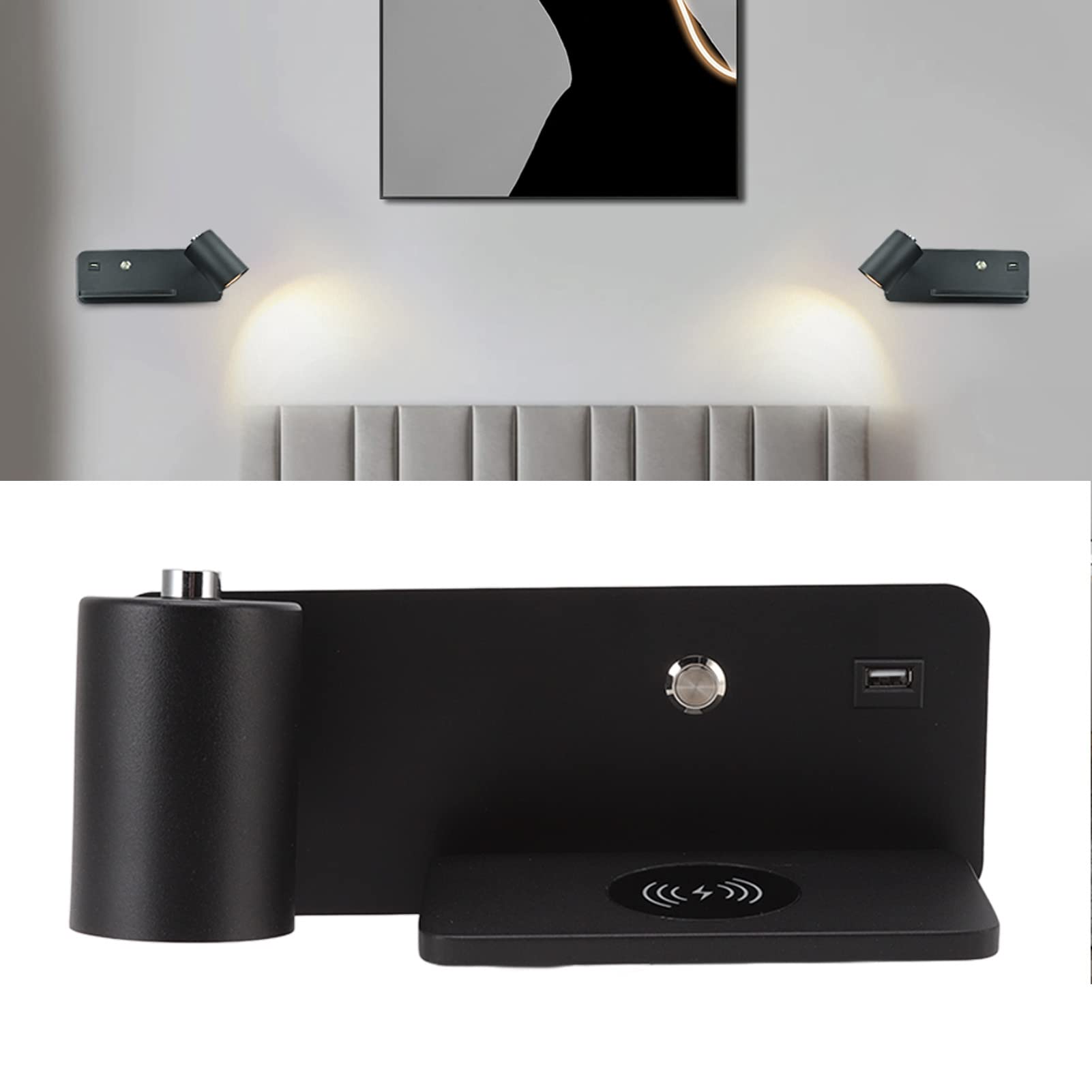 Wandkandelaar, 330° Plus 150° Verstelbare USB Draadloze Oplaadwandlamp Eenvoudige Stijlvolle LED-wandlamp met een Oplaadplank voor Slaapkamer, Kantoor, Nachtkastje (Zwart Links