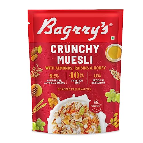 Image of Bagrry's Crunchy Muesli | 40% Fibre Rich Oats with Bran | 82% Multi Grains, Almonds, Raisins & Honey | Breakfast Cereal | Natural Muesli, 500 GM (Pack of 2)