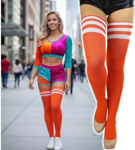Image of ToBeInStyle Women's Heavyweight Knit Thigh High Long Socks w /Contrast 3 Stripe Top Band