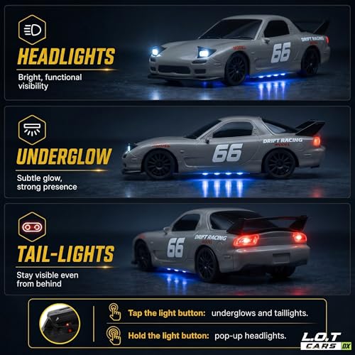Image of Vortex RC Drift Car, 20 Km /h High Speed Remote Control Car, Drifting RC Car 4x4, 2.4GHz with Pop-Up LED Headlights, Multi LED Lights, Long Range Control (Overdrive, Grey)
