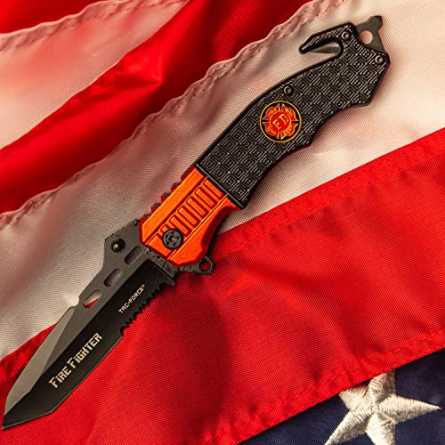 Image of Tac-Force 8.25 inch Tactical Folding Pocket Knife - 3.25 inch Stainless Steel Half-Serrated Tanto Blade - Emergency Glass Breaker & Seatbelt Cutter - Aluminum Handle with Medallion & Pocket Clip (Red & Black)