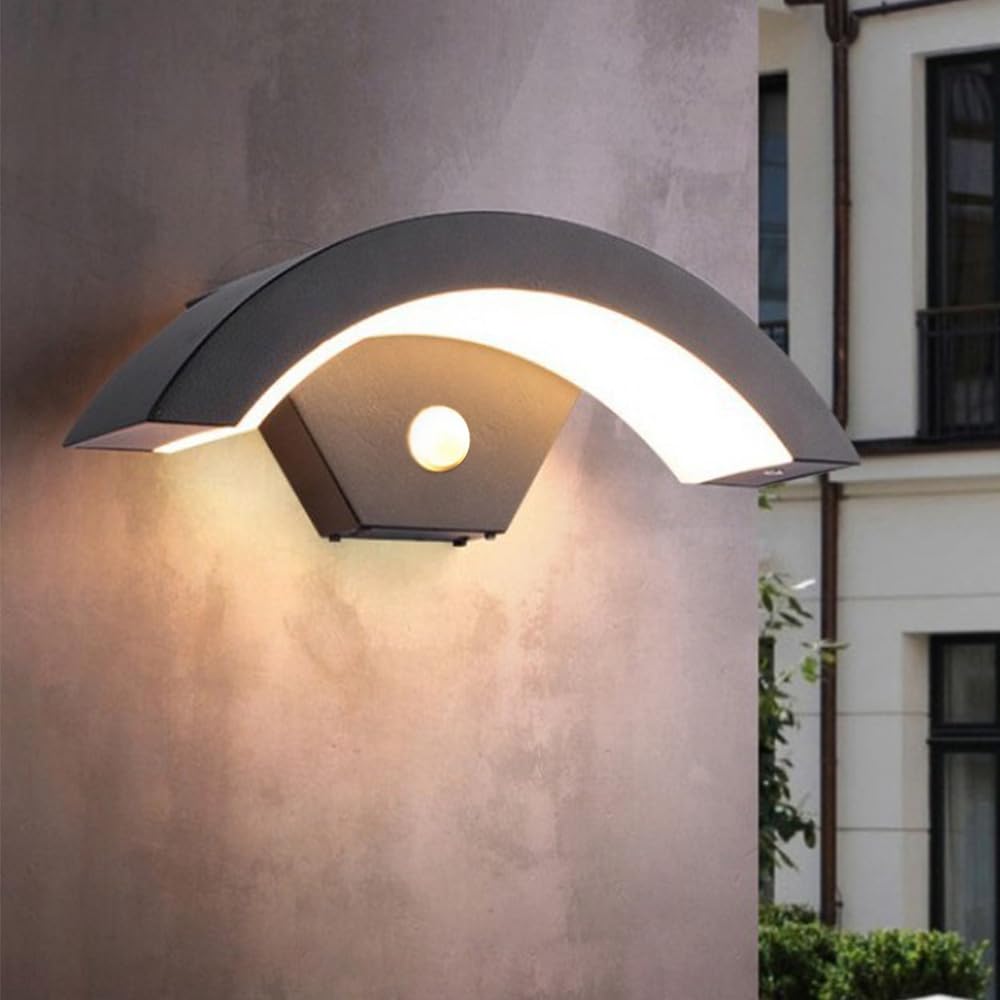 Ccarzzi Outdoor Wall Light, 12W LED Outside Light with Sensor, IP65 Waterproof, Arch Design Aluminum Lamp, 3000K Warm White, for Hallway, Entrance, Garden, Terrace