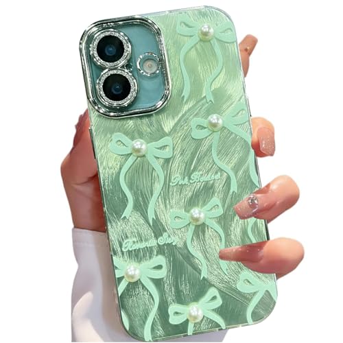 Image of VONZEE Compatible with iPhone 16 6.1'' Case Luxury Pink Girly Cute 3D Bow Pearl Glitter Bling Case with Full Camera Protection Shockproof PC+TPU Glossy Shiny Cover for Girls Women, Green