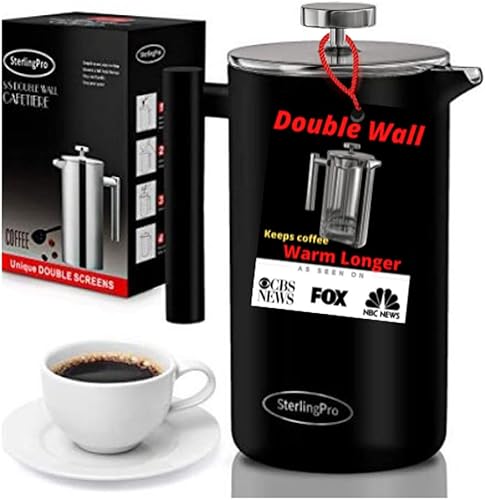 Miniatura 10 de SterlingPro Cafetera de prensa francesa 1 litro - Prensa de café grande de doble pared con 2 filtros gratis disfruta de café sin gránulos