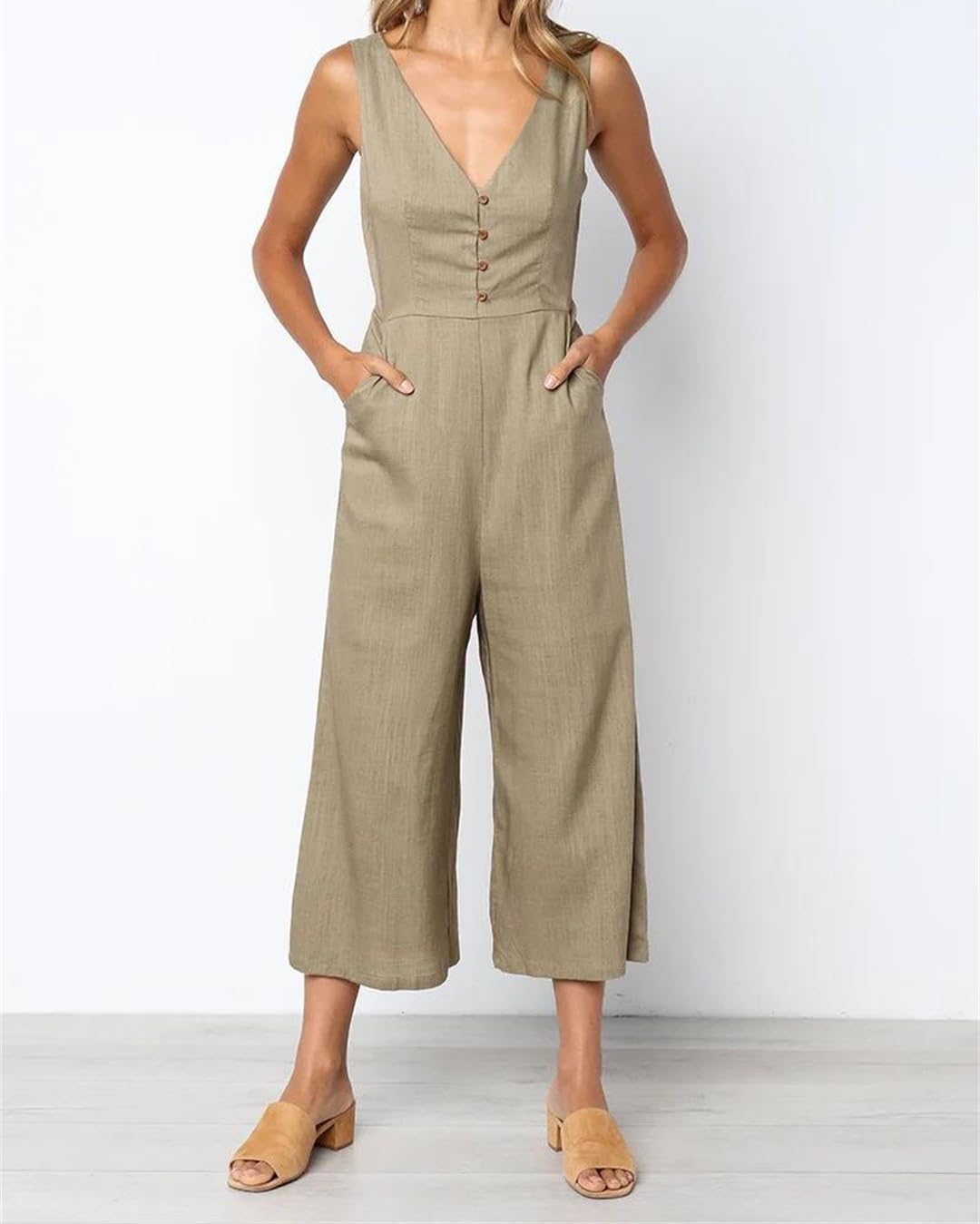 Yeuyyben Overol de verano para mujer, cuello en V, botones frontales, pierna ancha, casual, espalda descubierta, elegante, traje de verano