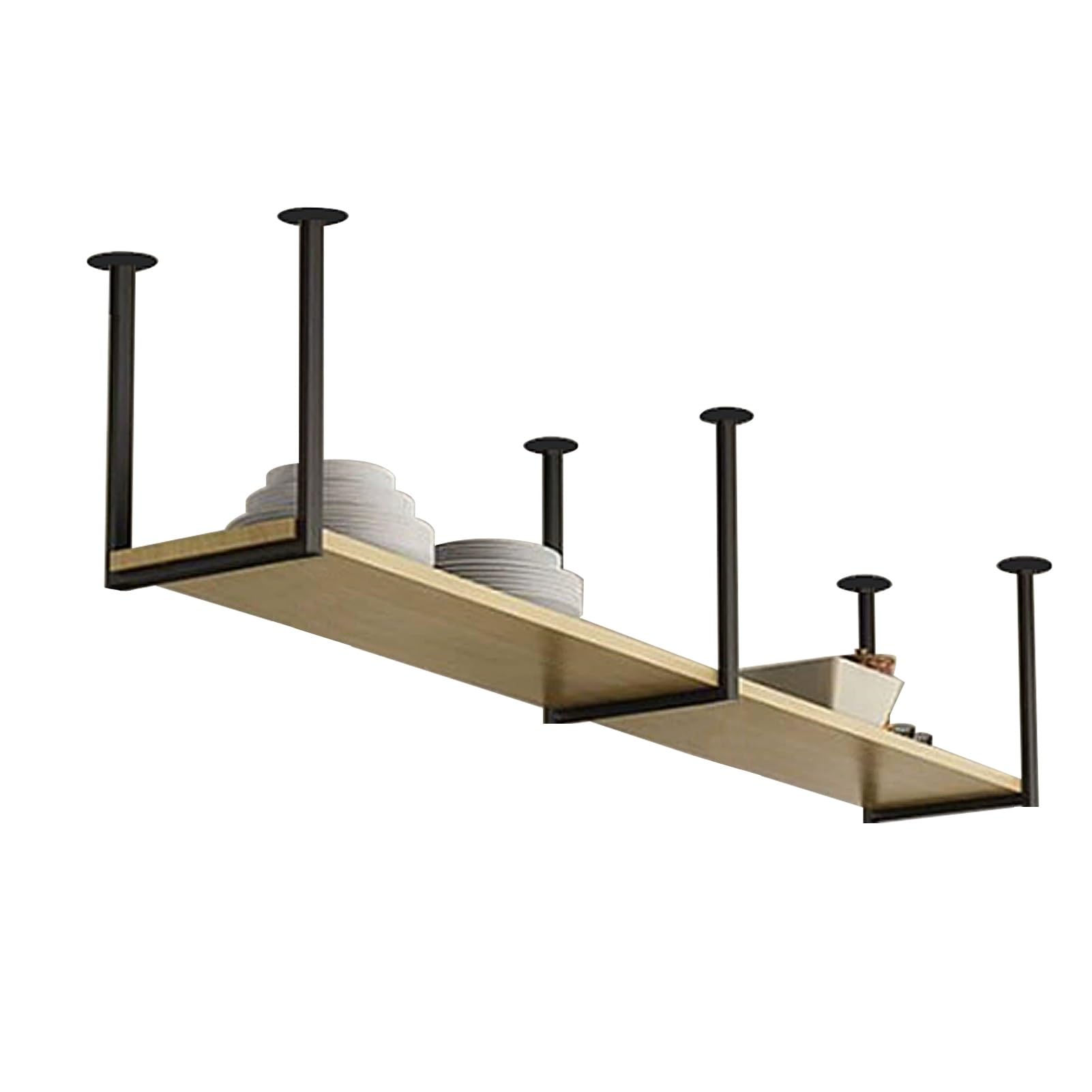 Renmlion Ceiling Shelf Floating Suspended Shelving，Kitchen Storage Rack Plates Racks Flower Plant Stand Display Shelves for Bar Restaurant, Solid Wood and Metal Iron Wine Holder(150x30x40cm)