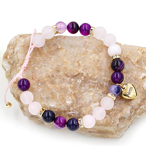 Image of Uloveido Natural Stone Mom Heart Charms Beaded Bracelets for Mum from Son or Daughter With Massage Card and Box | Mothers Day Jewelry Gifts