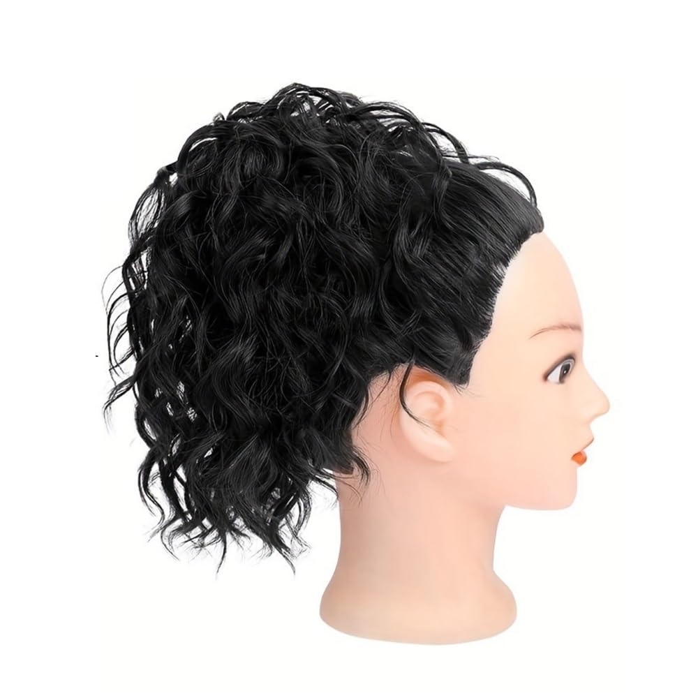 QRSTUVXZY Synthetic Drawstring Chignon Messy Curlys Hair Bun Scrunchies Extensions Black Brown Curly Wavy Bun Ponytail Wig(Black)
